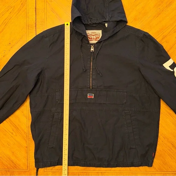 Levis Denim Pullover Hoodie Jacket Men’s Size XL Navy Y2K 1/2 Zip Logo Sleeves - Picture 9 of 15
